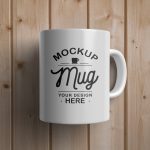 White Mug on Wooden Surface Mockup