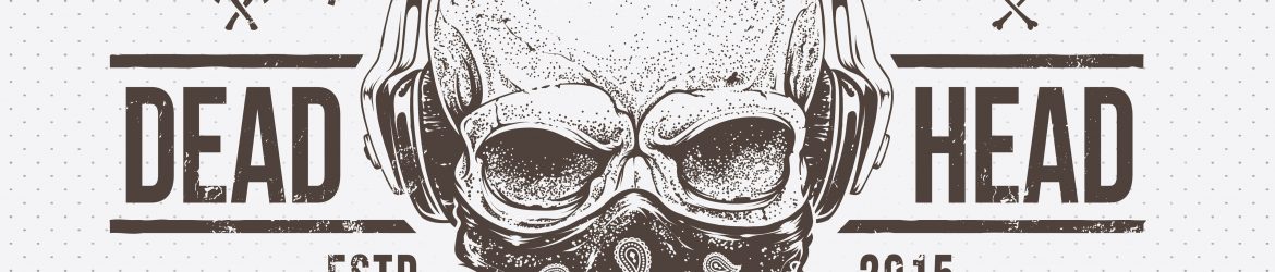 Grunge print. Skull with headphones. Dotwork styled vector art.