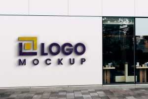 3D glass effect logo mockup on Company outside wall