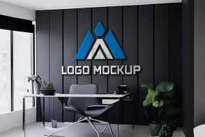 3D logo mockup on black wall office room