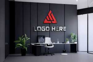 3D logo mockup on office room black wall