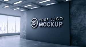 3D office wall logo mockup with dark gray wall
