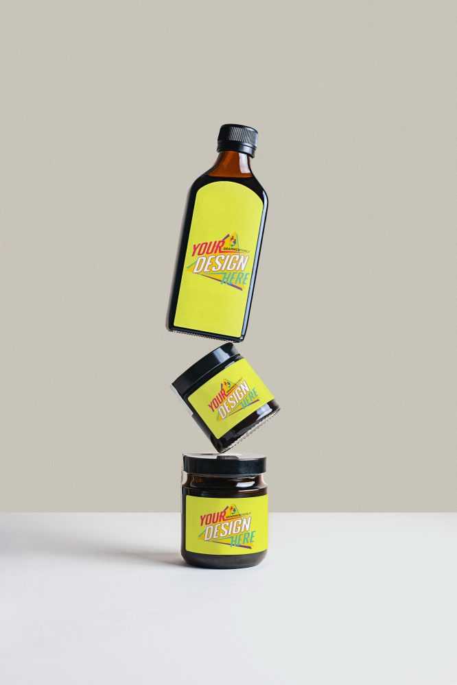 Balancing Bottle and Jars Label Mockup