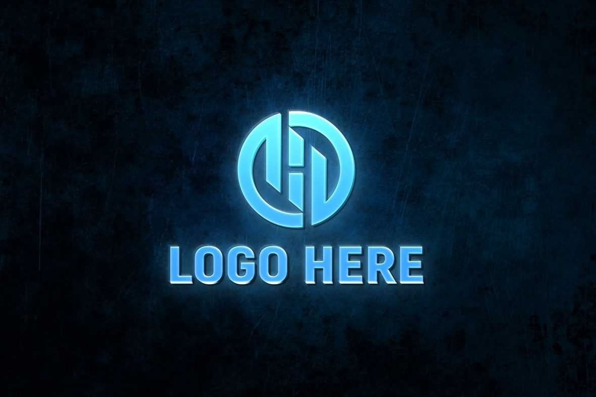 Blue light effects logo mockup on black wall