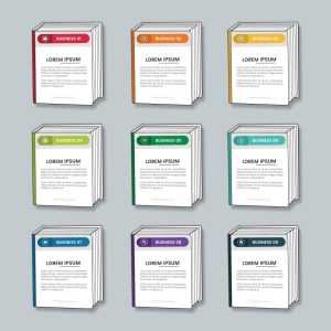 Business infographics book template with 9 data vector image
