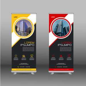 Business, roll up with red and yellow circular shapes