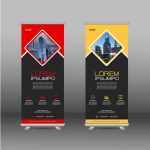 Business, roll up with red and yellow square shapes