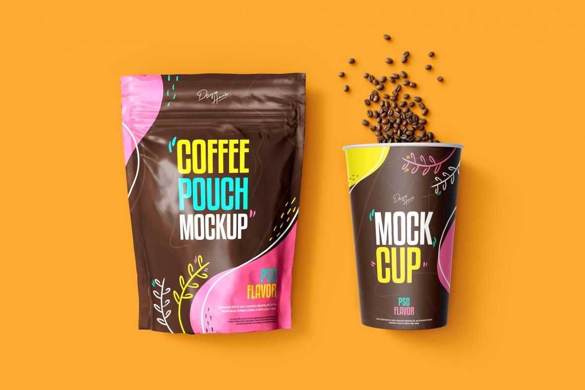 Coffee Pouch with Cup Mockup Premium PSD