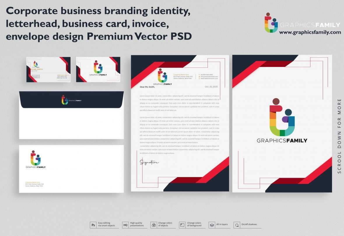 Corporate business branding identity, letterhead, business card, invoice, envelope design Premium PSD