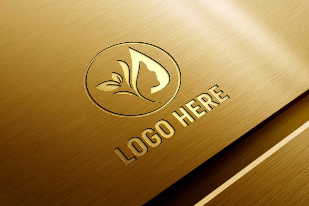 Embossed 3D logo mockup on metal panel gold style