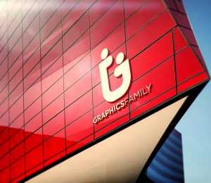 Free 3D Red Building Facade Logo Mockup