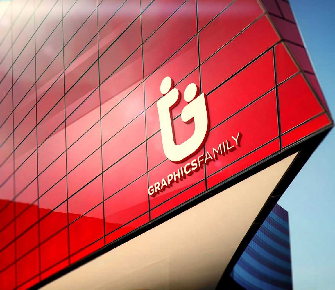 Free 3D Red Building Facade Logo Mockup
