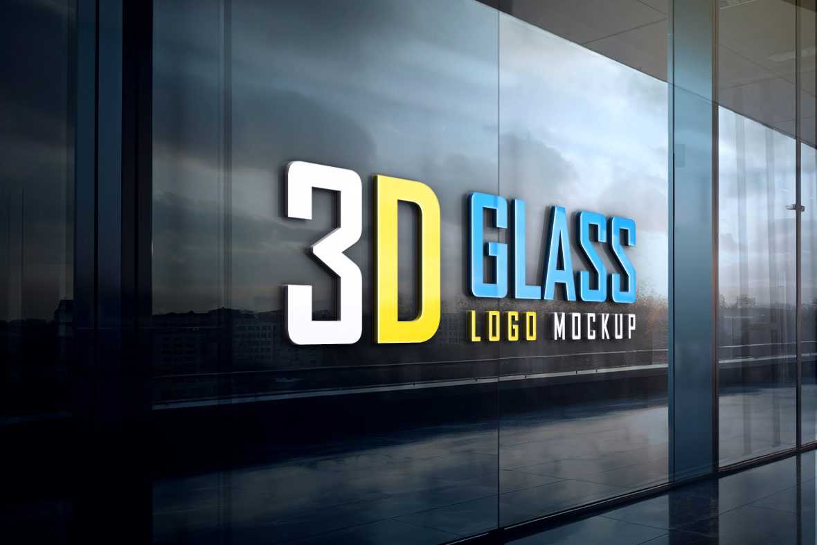 Free Glass Wall 3D Logo Mockup