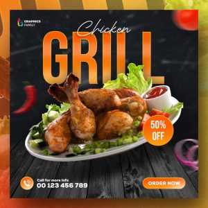Grill, fast-food, restaurant social media post template design