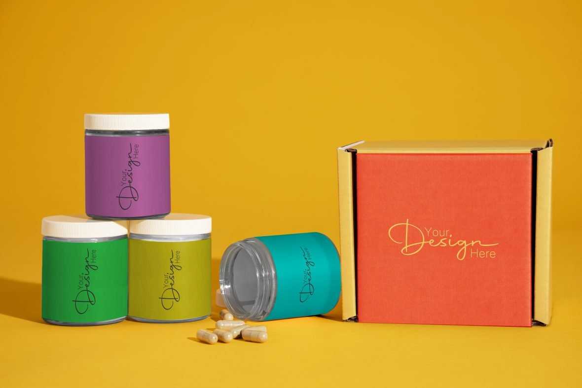 Medicine jar set with box design mockup
