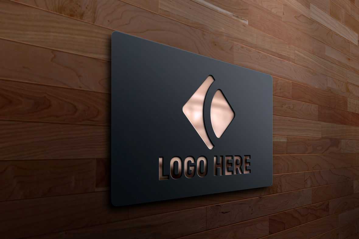 Metal Engraved 3D Logo Mockup on Wood Wall