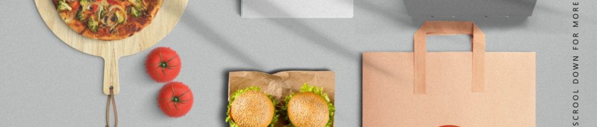 Mockup for pizzeria, cafe, fast food restaurant. Branding set of pizza, uniform, popcorn, hamburger, hot dog, paper pack