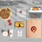 Mockup for pizzeria, cafe, fast food restaurant. Branding set of pizza, uniform, popcorn, hamburger, hot dog, paper pack