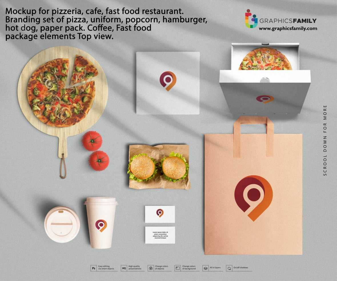 Mockup for pizzeria, cafe, fast food restaurant. Branding set of pizza, uniform, popcorn, hamburger, hot dog, paper pack
