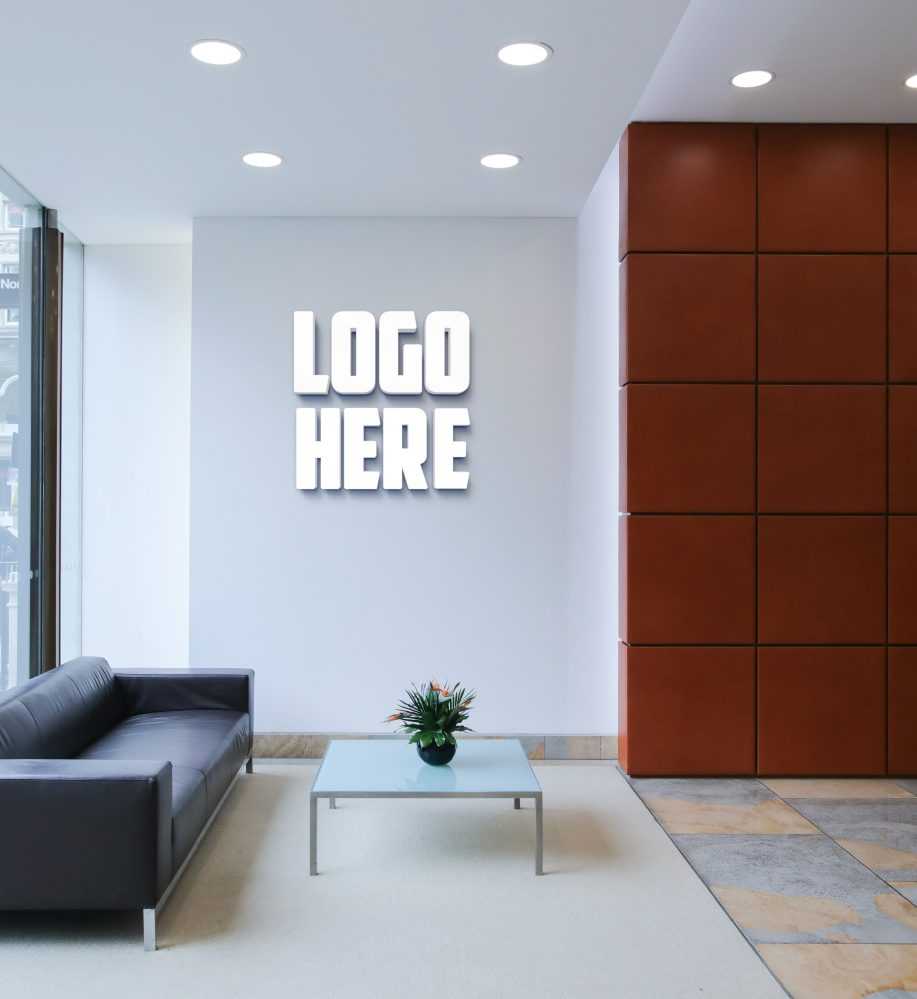 Office Room Logo Mockup with White 3D Wall Logo