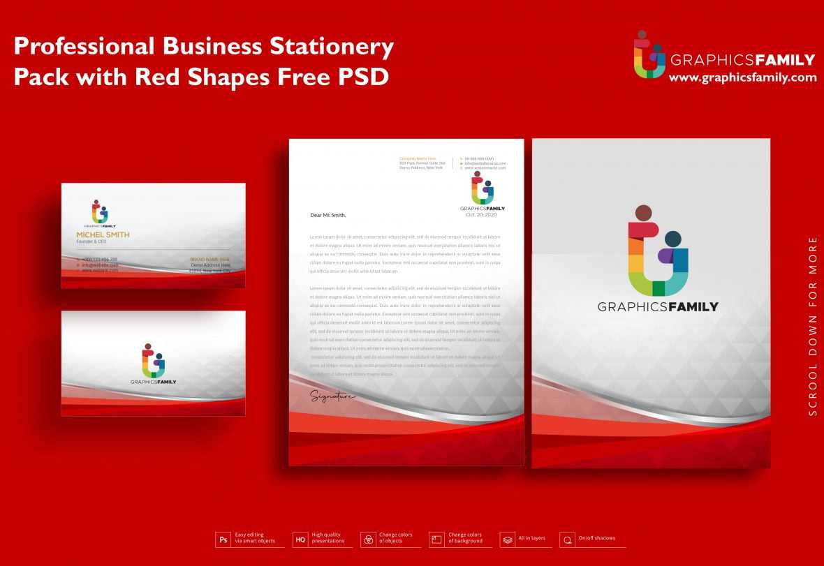 Professional Business Stationery Pack with Red Shapes Free Psd Download