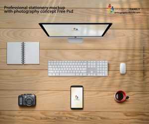 Professional stationery mockup with photography concept psd