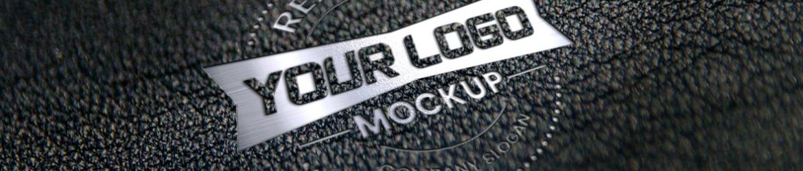 Realistic silver logo mockup on black leather