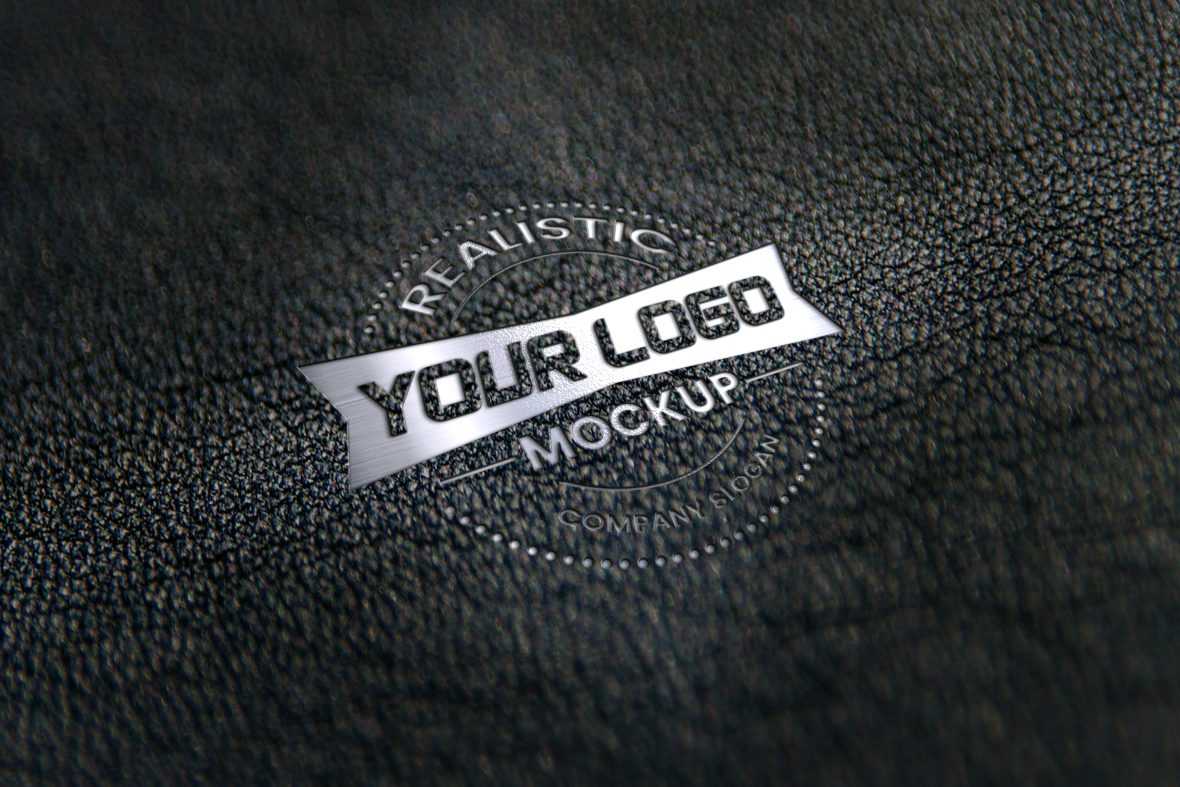 Realistic silver logo mockup on black leather