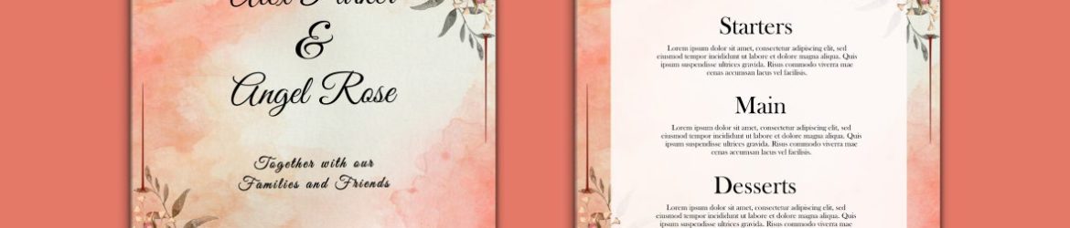 Romantic watercolor wedding invitation and menu template
