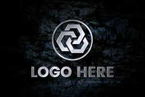 Silver Metallic Logo Mockup On Dark Wall