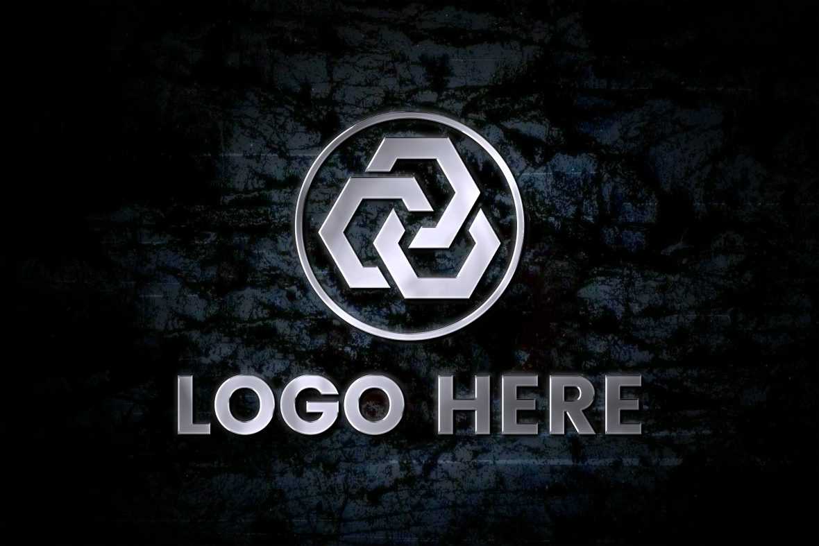 Silver Metallic Logo Mockup On Dark Wall