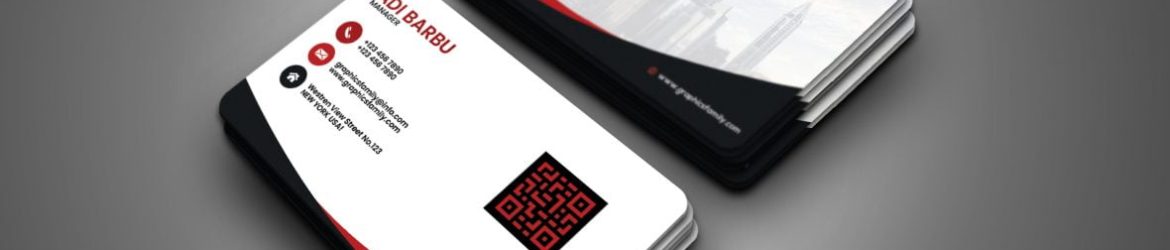 White business card with red and black details