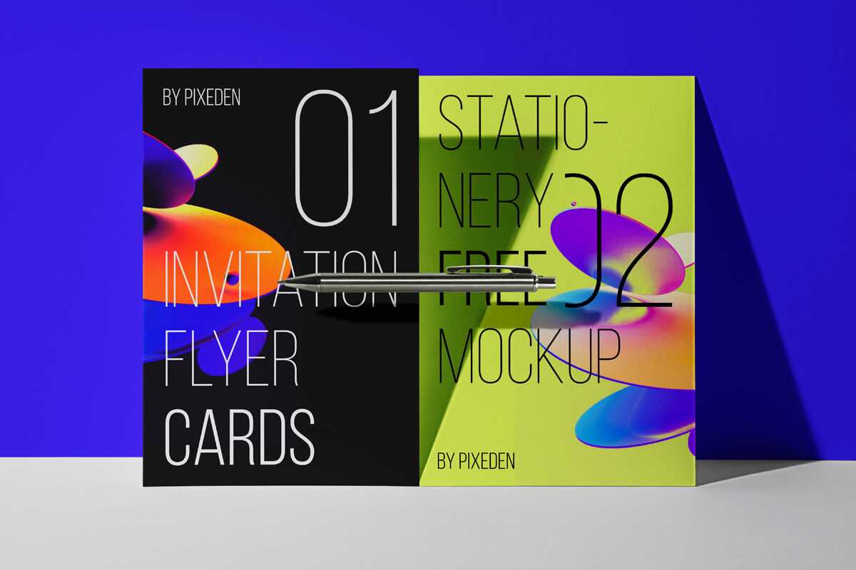 2 Flyers Mockup Standing Against the Wall with a floating Pen