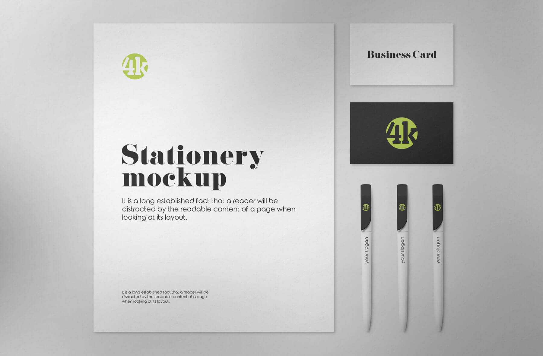 2 Stationery Mockups Including Pens, Business Cards, and Letterhead
