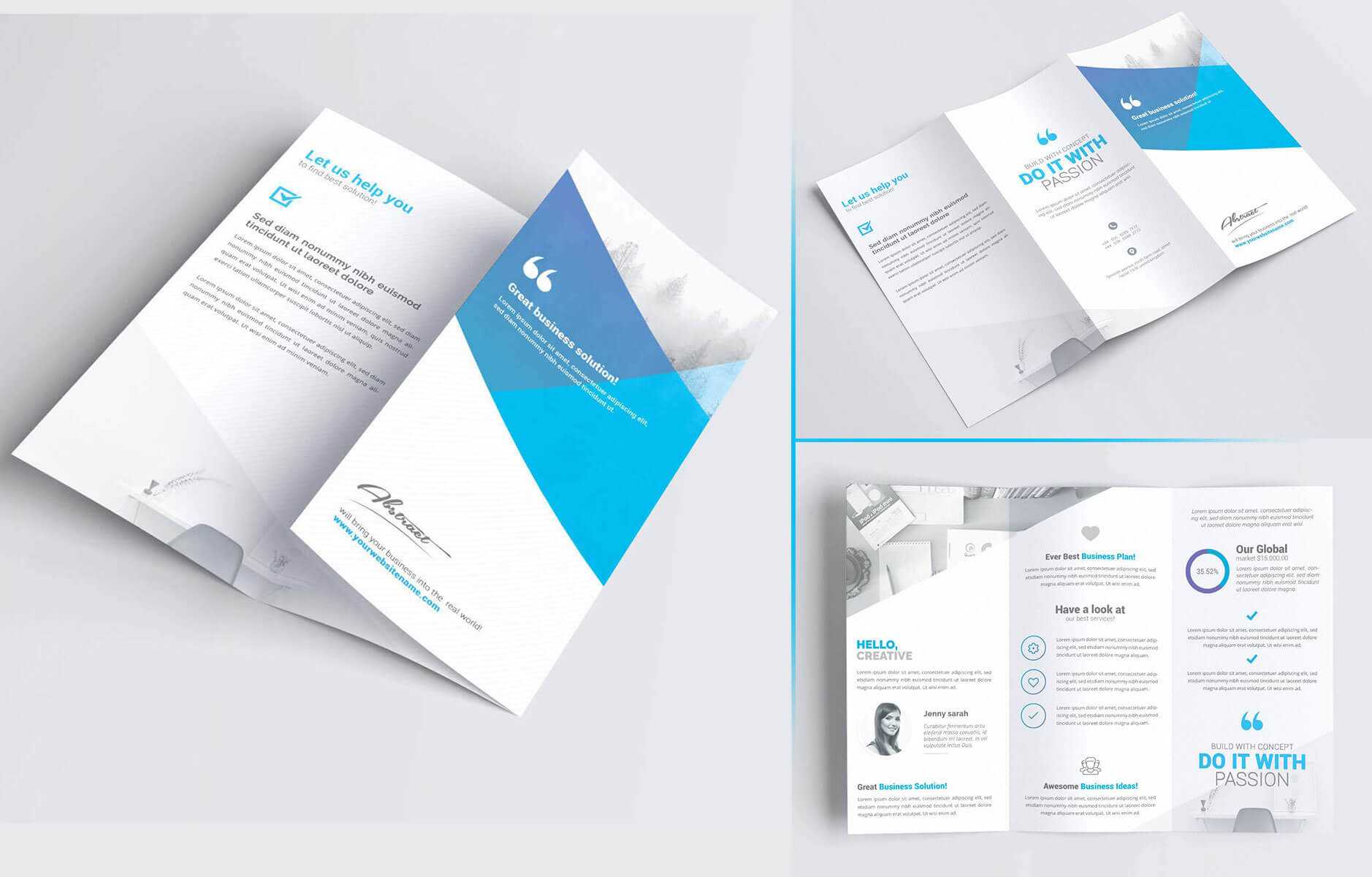 3 Free A4 Tri-Fold Brochure Mockups PSD all side angle view
