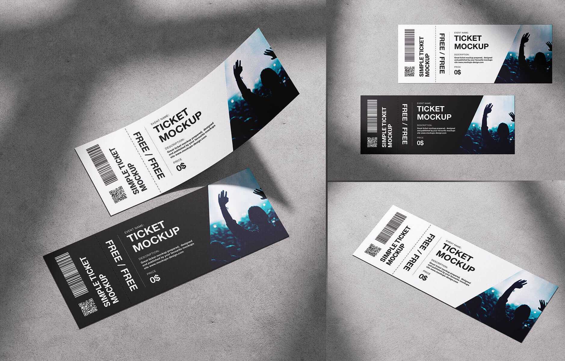 3 Free Concert Tickets Mockup PSD set