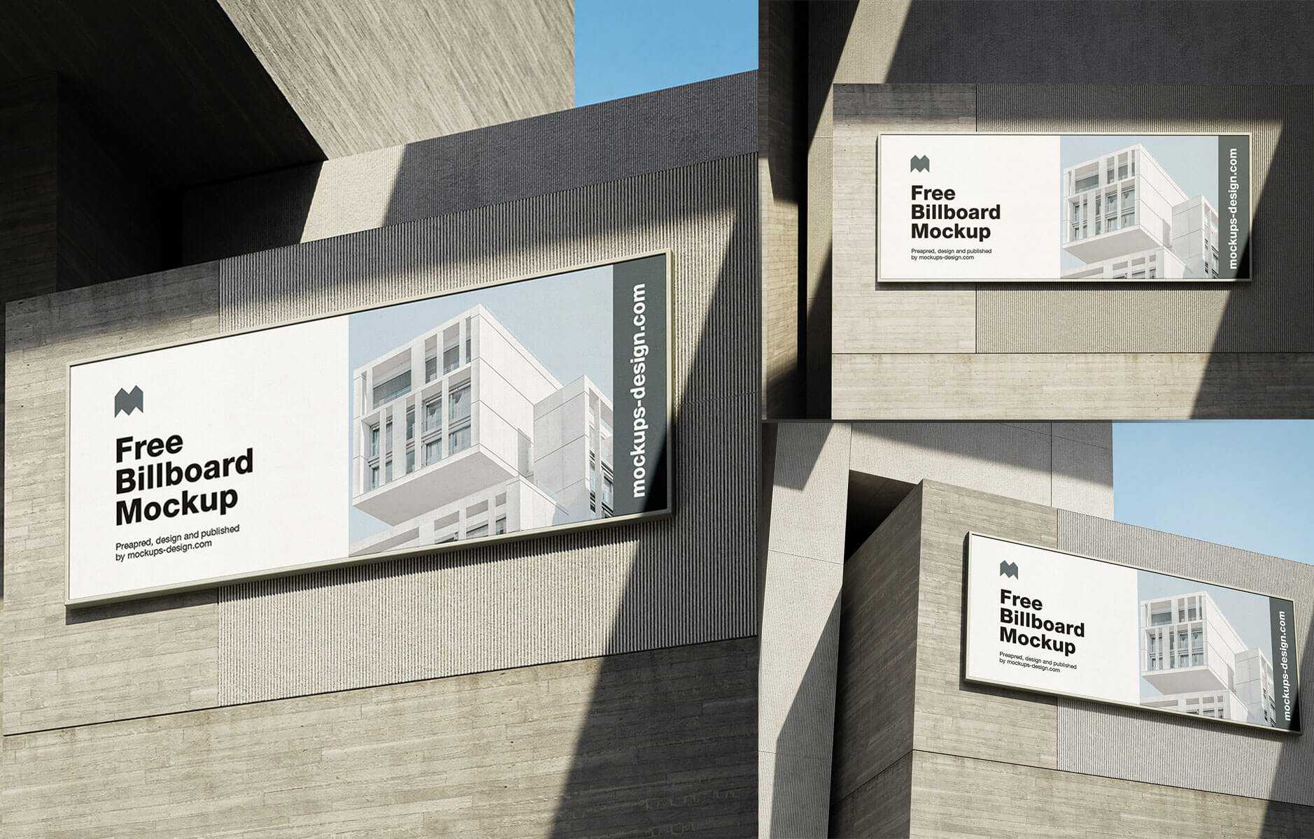 3 Free Concrete Building Wall-Mounted Billboard Mockups PSD set