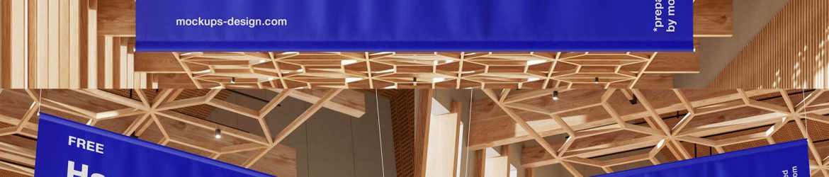 3 Free Expo Hall Ceiling Hanging Banners Mockup PSD Files