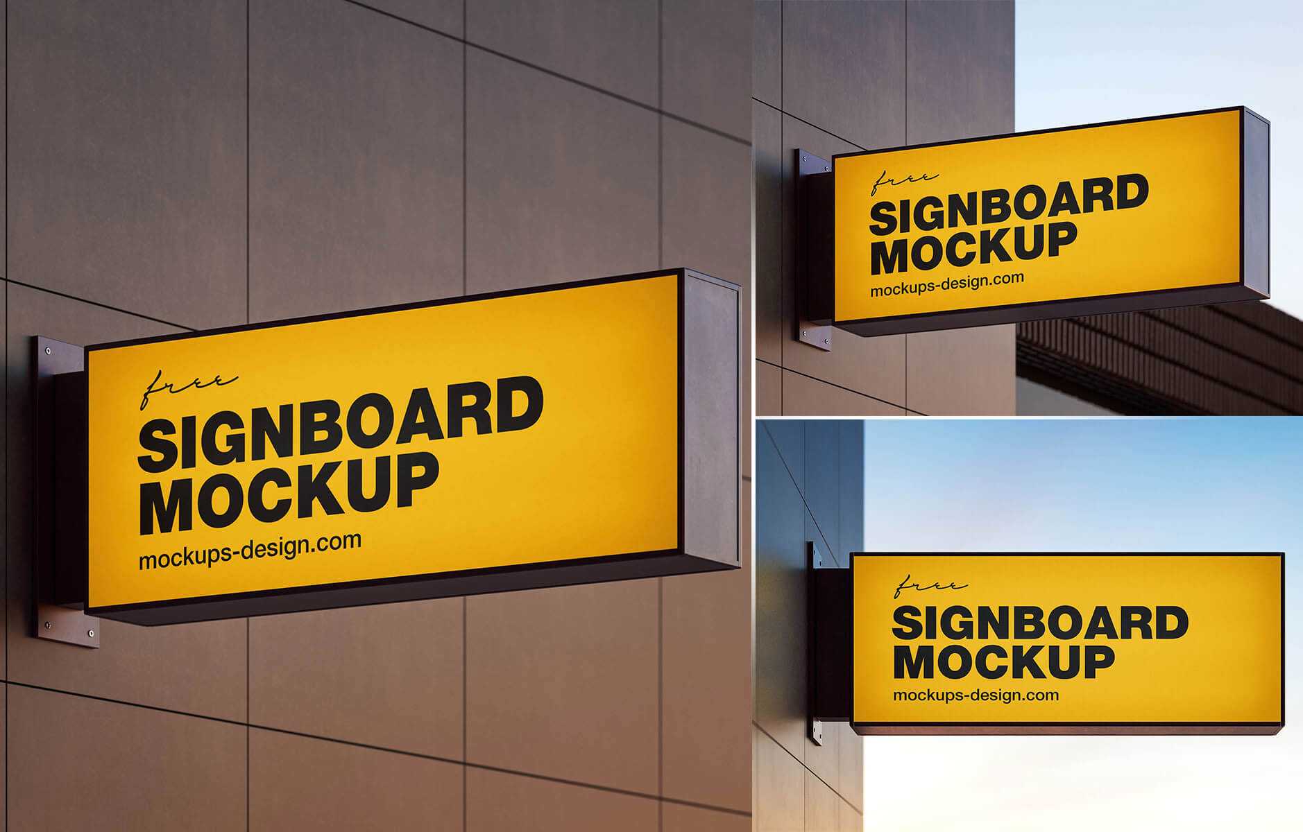 3 Free Rectangle Wall Mounted Shop Signboard Mockup PSD Files
