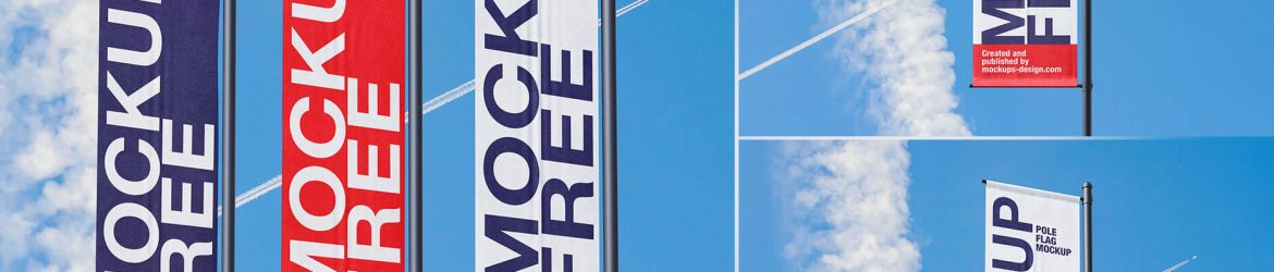 3 Free Vertical Pole Flag Banner Mockups PSD set