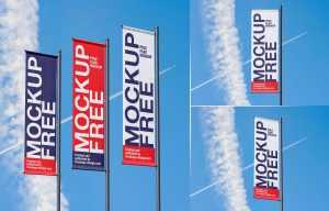 3 Free Vertical Pole Flag Banner Mockups PSD set