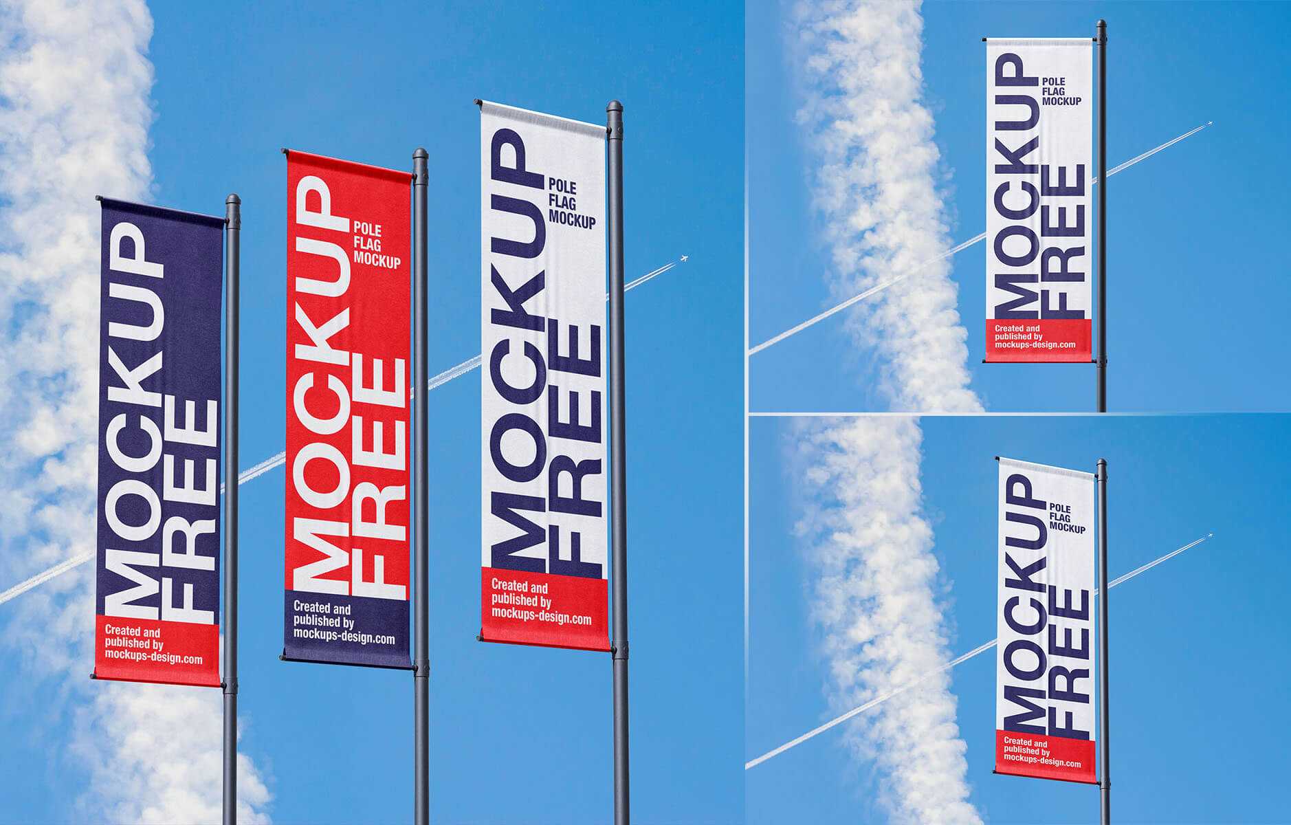 3 Free Vertical Pole Flag Banner Mockups PSD set