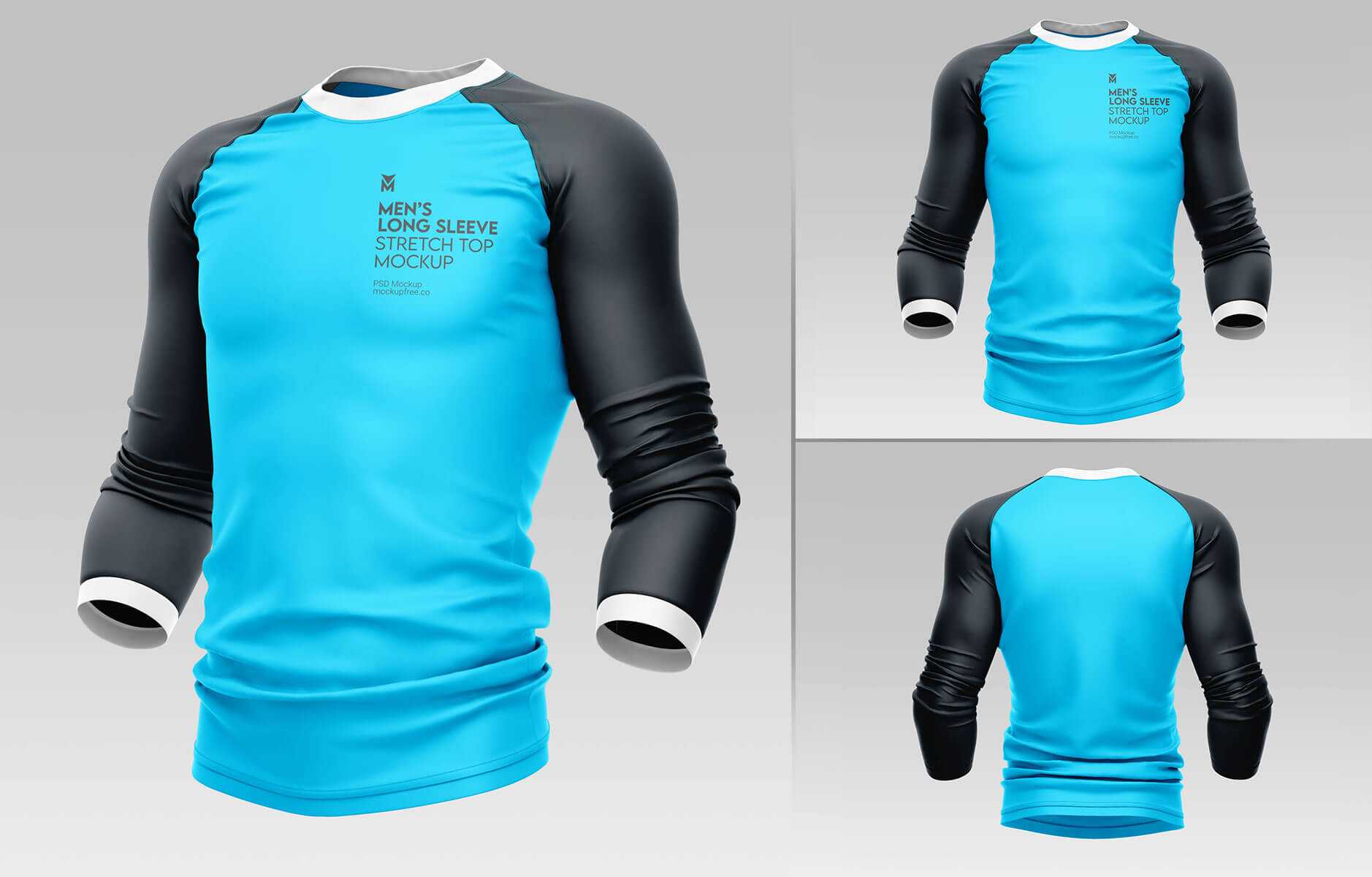 3 Men’s Stretch Long Sleeve Top Free Jersey Mockups in Various Views