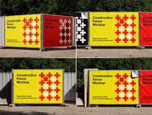 4 Free Construction Fence Banner Mockup PSD Set