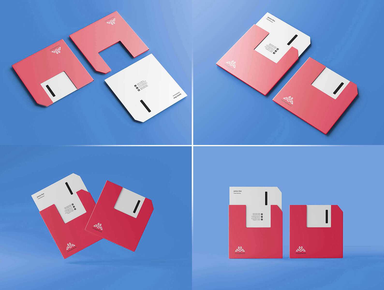 5 Free Floppy Disk Shape Square Business Card Mockups PSD set