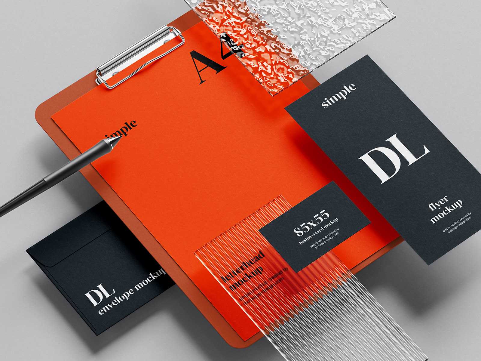 5 Free Premium Stationery With Plexiglass Mockup PSD set