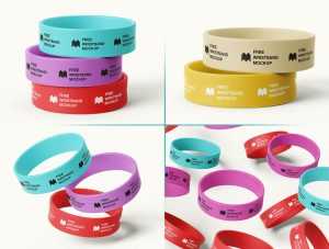 6 Free Wide Silicone Wristbands / Rubber Bracelet Mockup PSD Files PSD