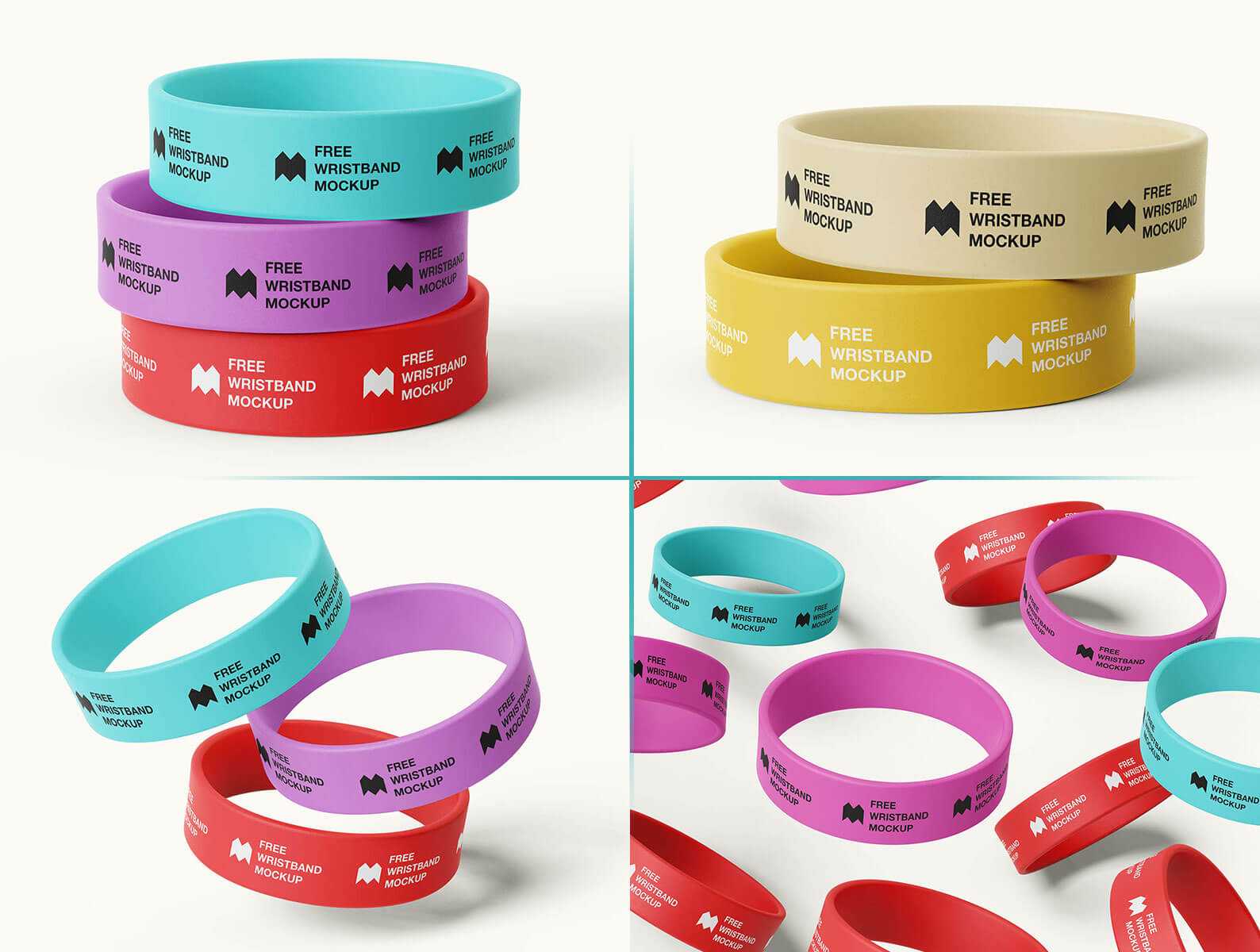 6 Free Wide Silicone Wristbands / Rubber Bracelet Mockup PSD Files PSD