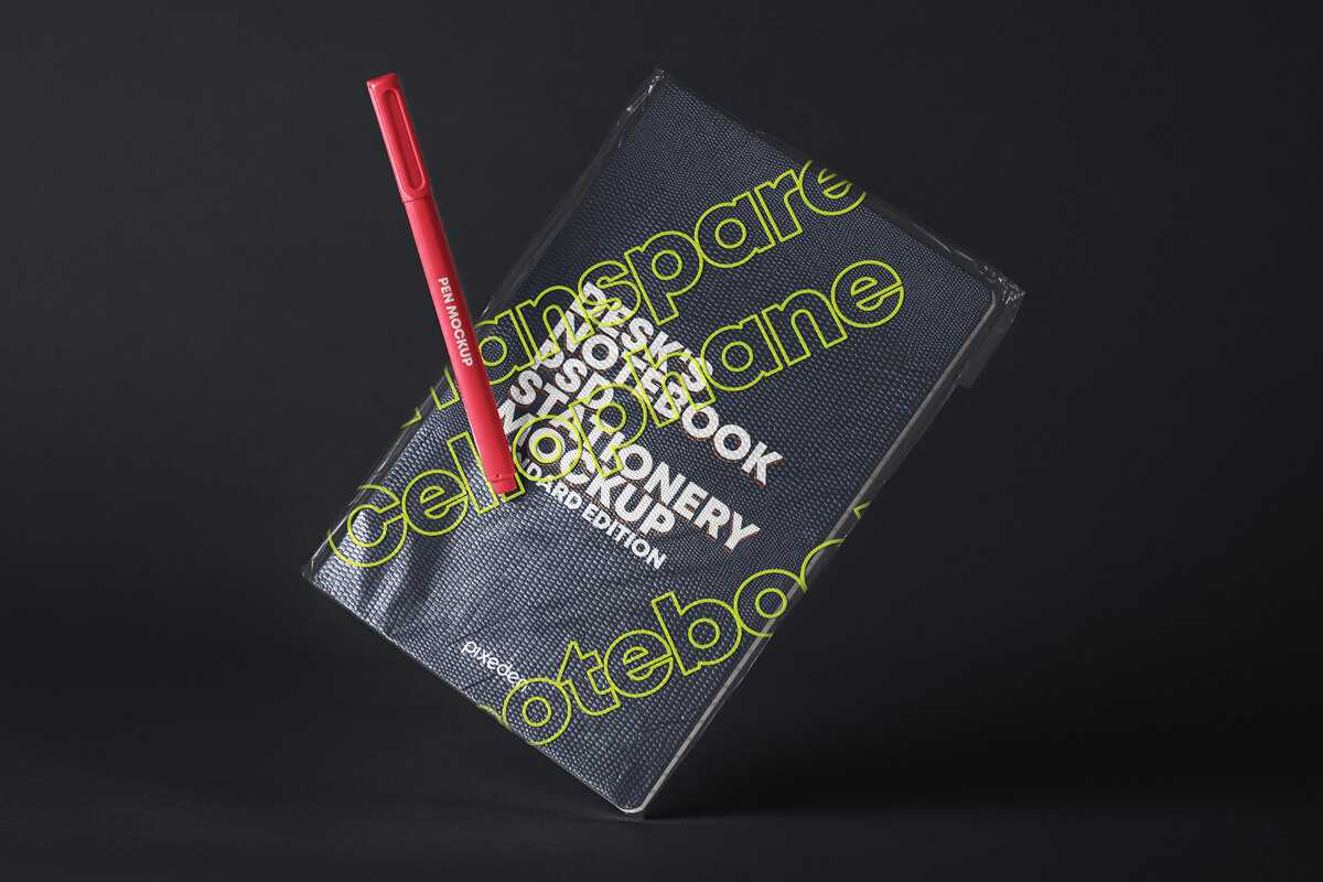 A Transparent Cover Packed Notebook with Pen PSD Mockup