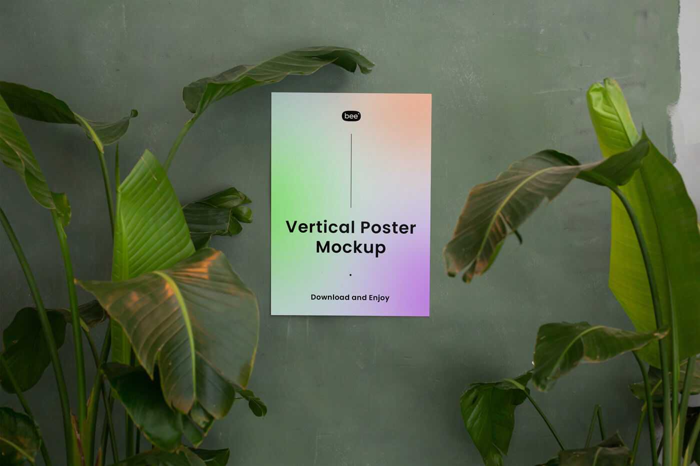 A Wall glued Paper Poster Mockup PSD with Plant